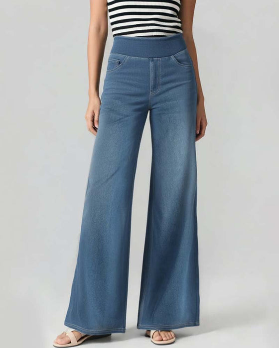 Broek Elastische Taille Denim Wijde Pijp