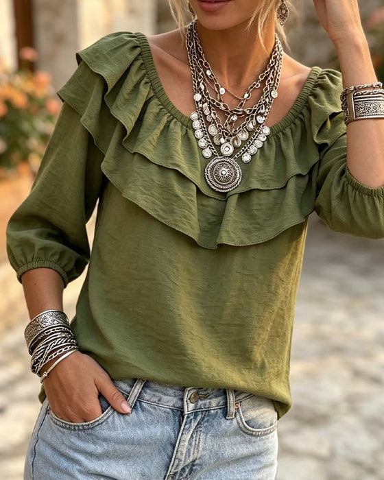 Blouse Dubbele Laag Ruffle Driekwart Mouw