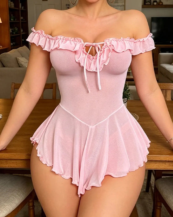 Lingerie Met Off Shoulder Ruches Veters Mesh
