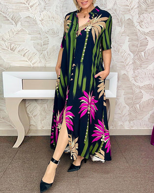 Casual losse jurk met split met bladprint en korte mouw