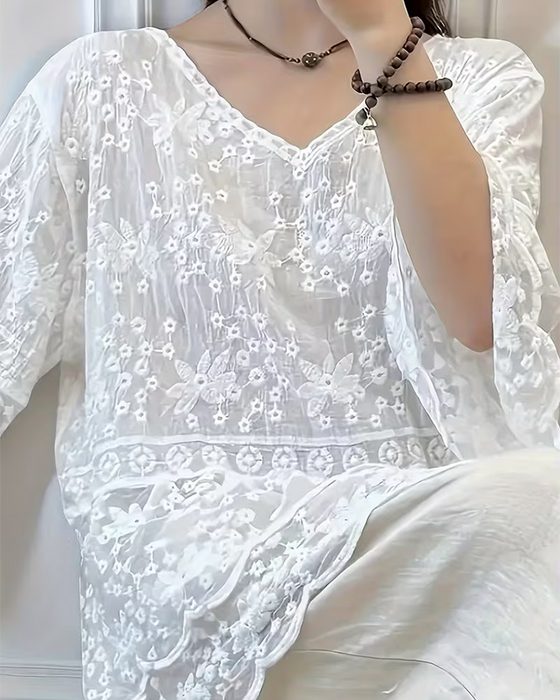 Blouse Korte Mouw Kant Trim