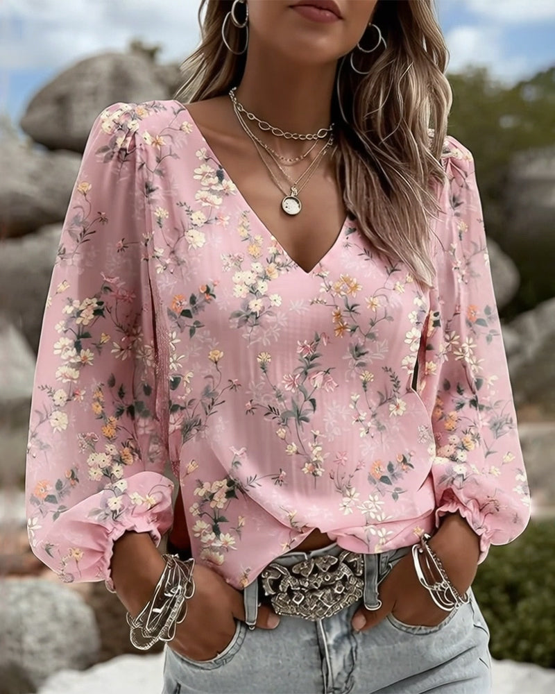 Blouse Bloemen V-Hals Pofmouw