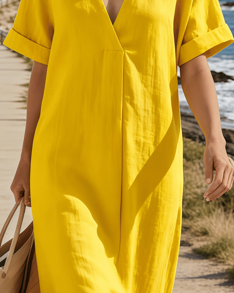 Jurk Puur Katoen Korte Mouwen V-Hals Rechtdoor