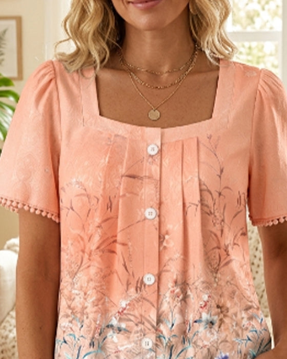 Blouse Vierkante Hals Gerimpeld Print Franje