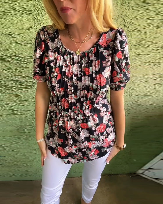 Blouse Ronde hals Poefmouw Geplooid Bloemenprint