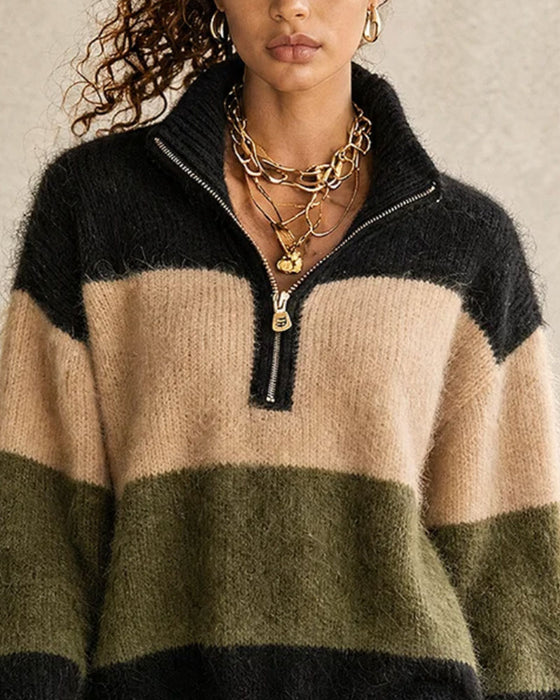 Jurk Kleurblok Half Rits Turtleneck Lang Trui