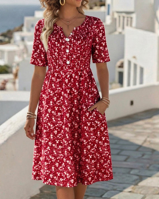 Jurk V-Hals Korte Mouw Bloemen