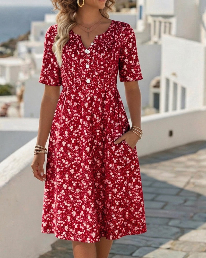 Jurk V-Hals Korte Mouw Bloemen