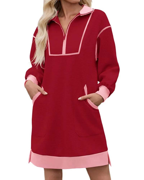 Jurk Half Zip Lange Mouw Kleurblok Kort
