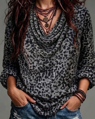 Blouse Mock Hals Luipaard Lange Mouw