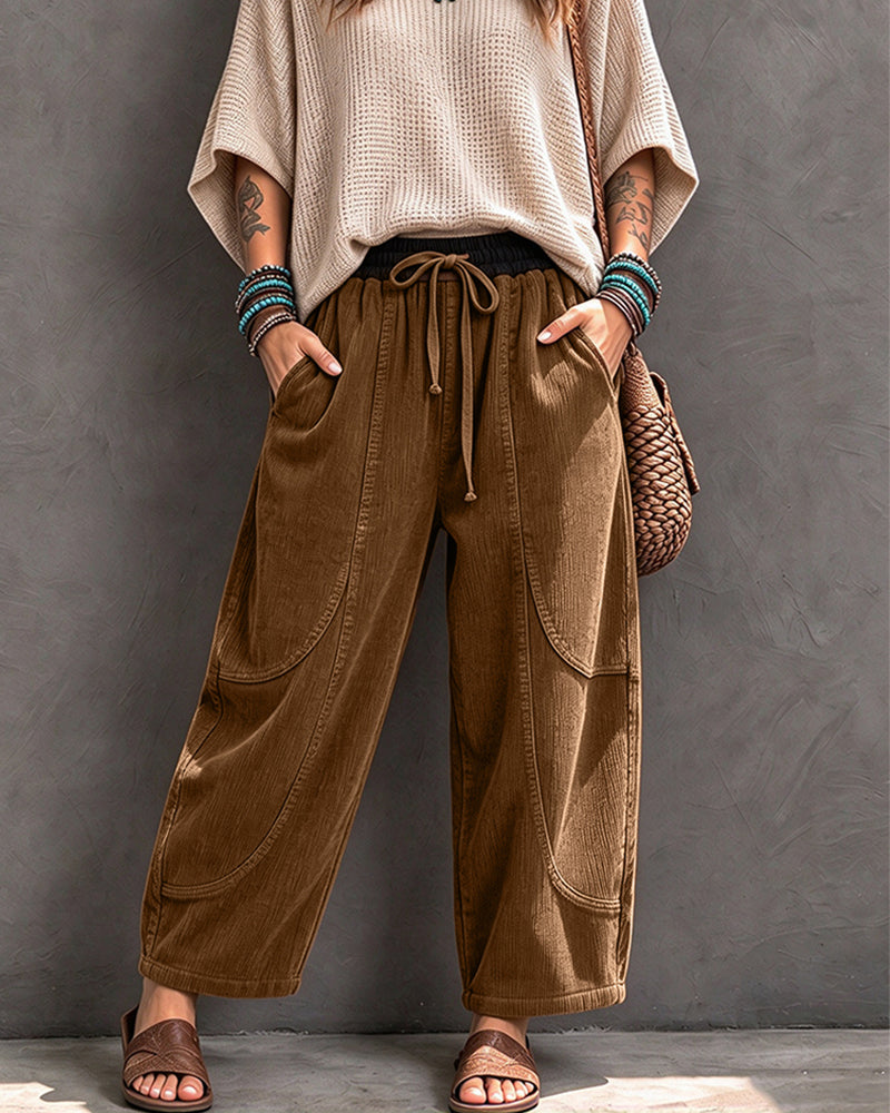 Broek Elastische Taille Kleurblok Cropped Wijd Been