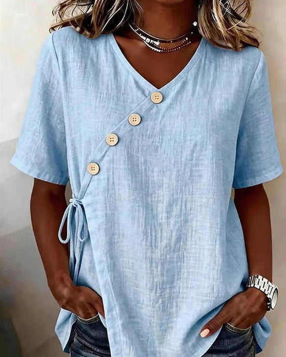 Blouse V-Hals Knoop Kruis Stropdas