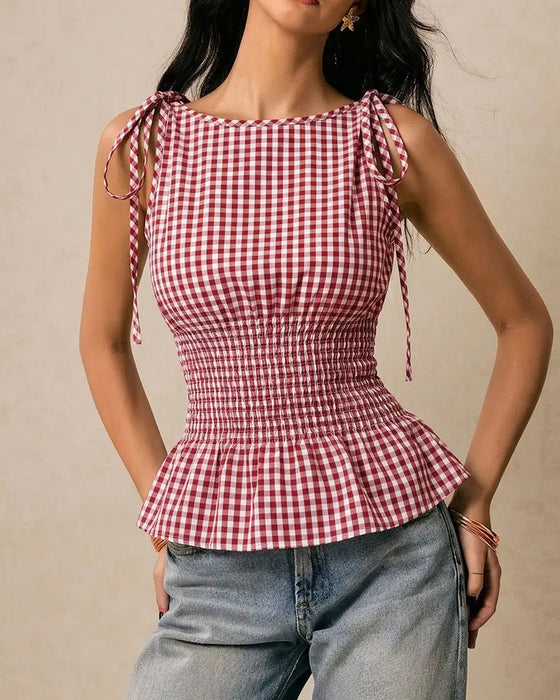 Blouse Mouwloos Ruitjes Binden Taille