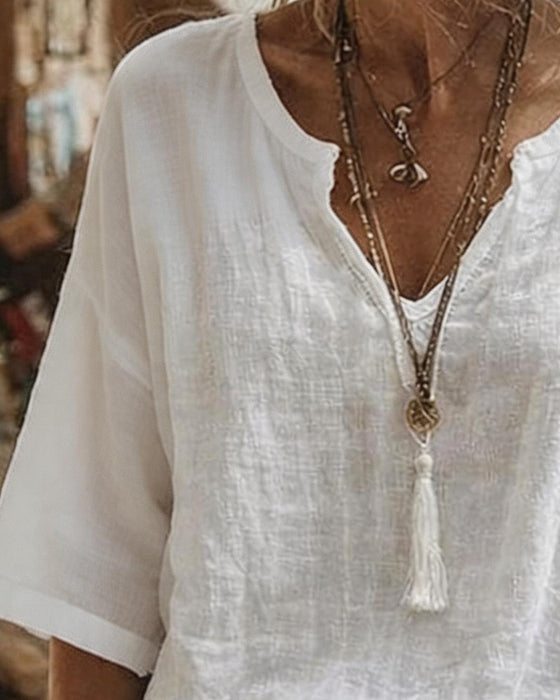 Top V-Hals Half Mouw Effen