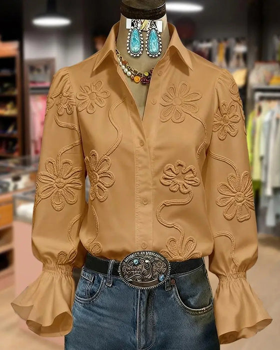 Shirt Bloem Uitlopende Mouw Mandarin Kraag