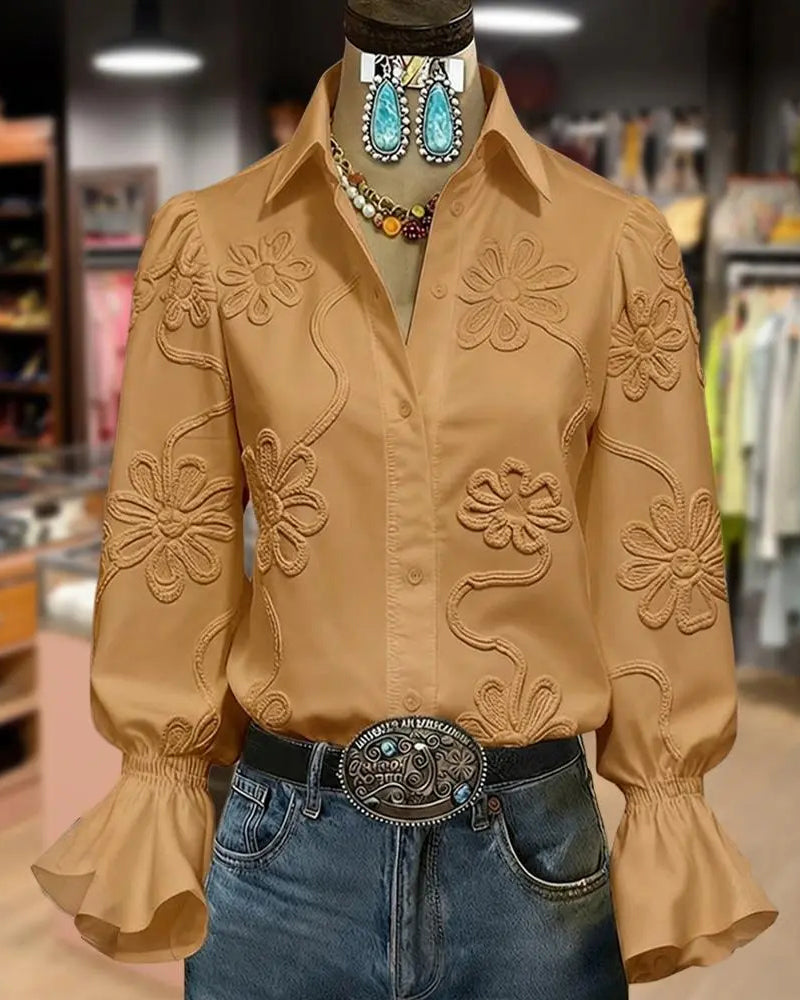 Shirt Bloem Uitlopende Mouw Mandarin Kraag