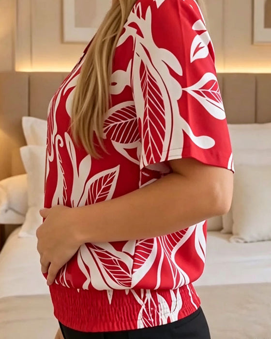 Blouse Bloemenprint Elastische Zoom Korte Mouw