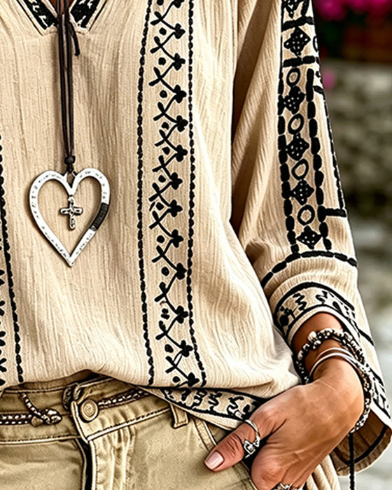 Blouse V-Hals Etnisch Halflange Mouw Relaxed