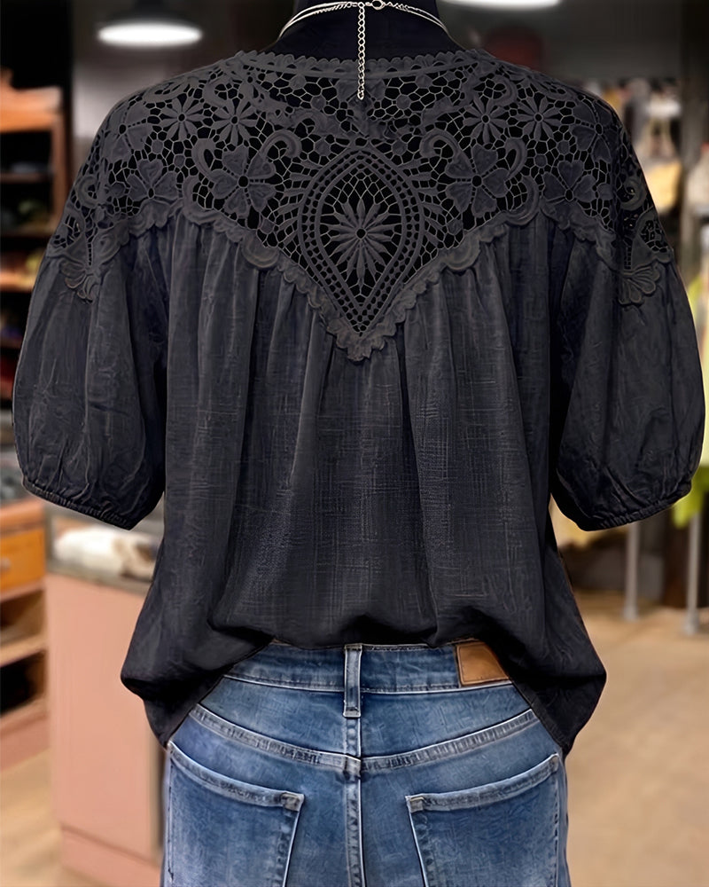 Blouse Pof Korte Mouw Kant Patchwork V-Hals