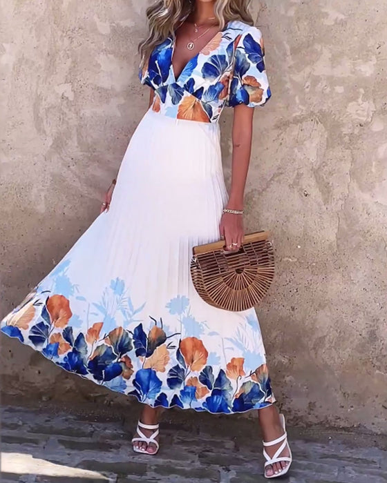 Jurk met diepe V-stijl met bubbelmouwen