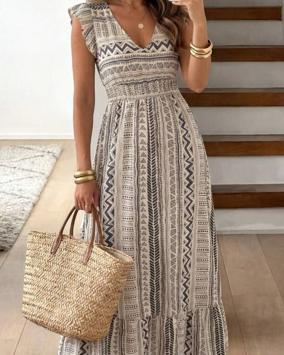 Jurk Geometrisch Afdruk Getailleerd Flutter Mouw Maxi