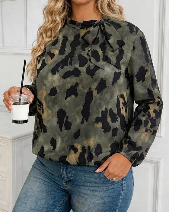Blouse Camouflage Luipaard Print Sjaal Strik Pofmouw
