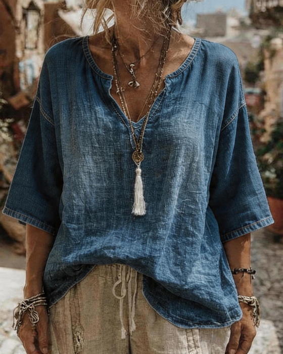 Top V-Hals Denim Half Mouw