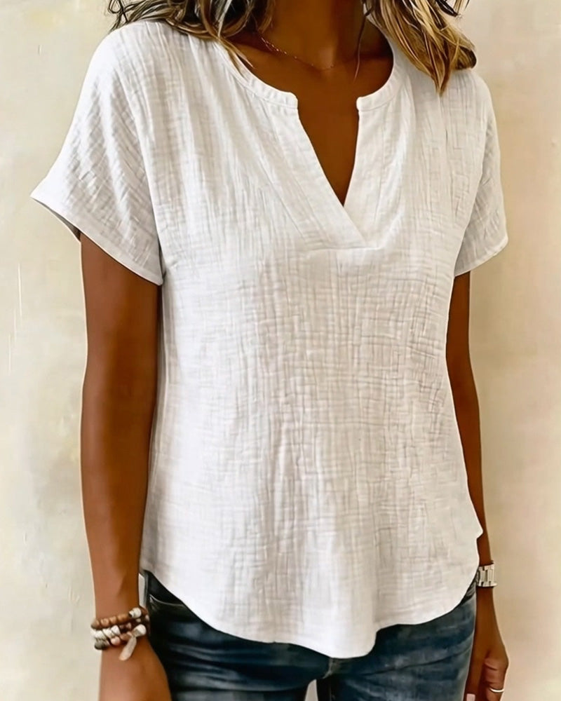 Blouse V-hals Effen Korte Mouw