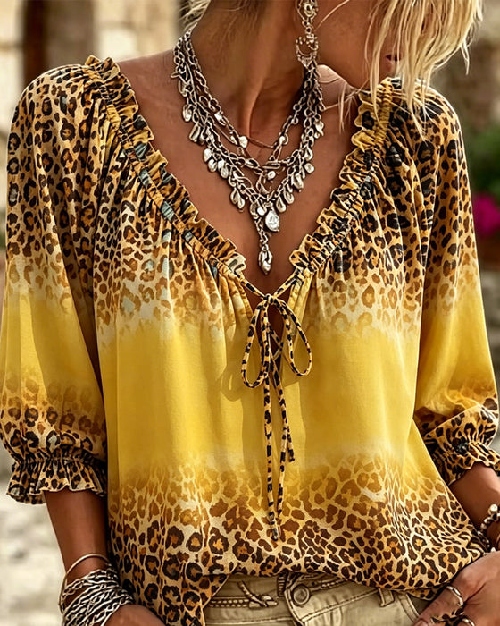Blouse V-Hals Luipaardprint Vetersluiting