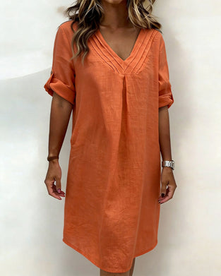 Jurk Met V-Hals Geplisseerd Katoen-Linnen