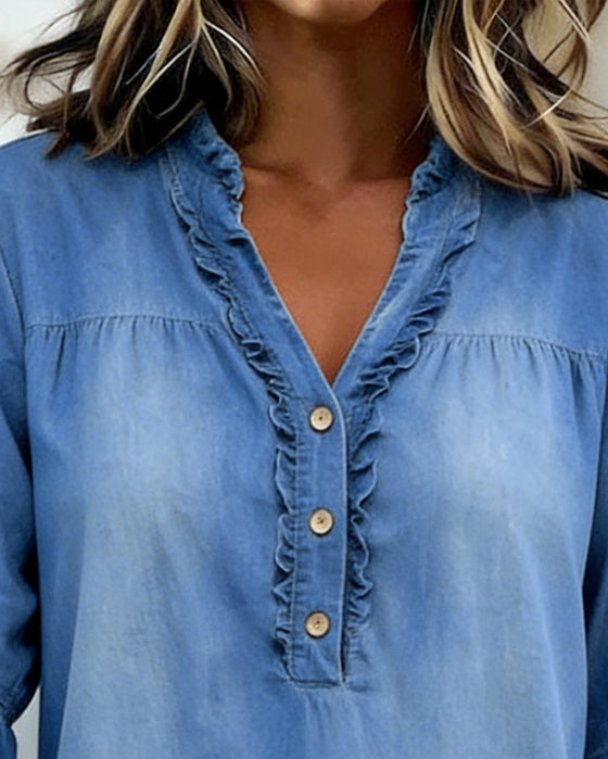 Jurk Ruches V-Hals Denim