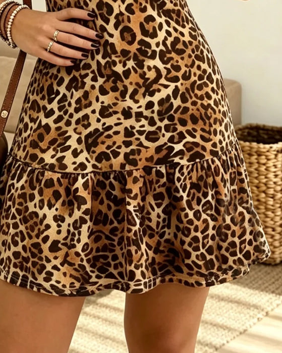 Jurk Luipaard Print Korte Mouw Ruffle Mini
