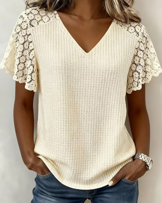 T-Shirt V-Hals Wafel Kant Patchwork Effen