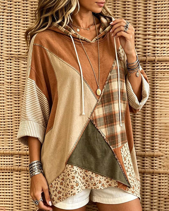 Hoodie Ruit Streep Bloemen Patchwork