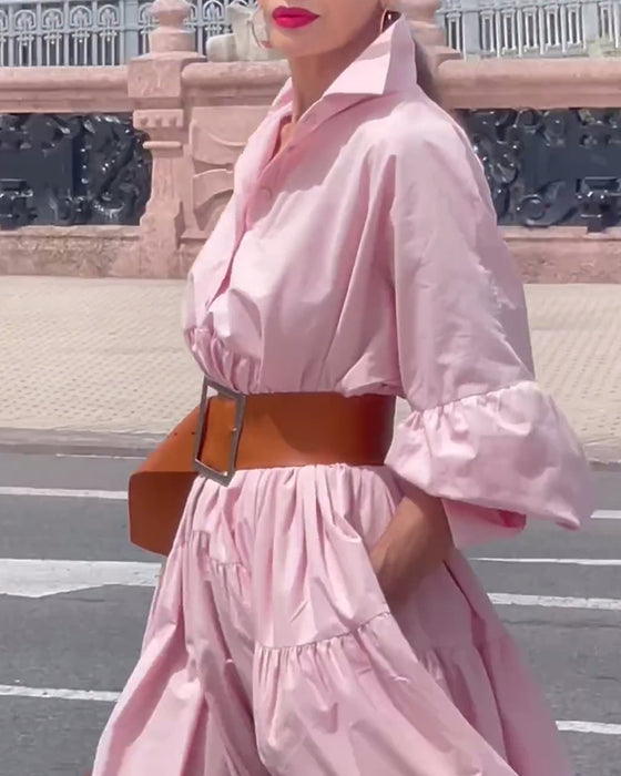 Jurk met revers en volledige rok in effen kleur