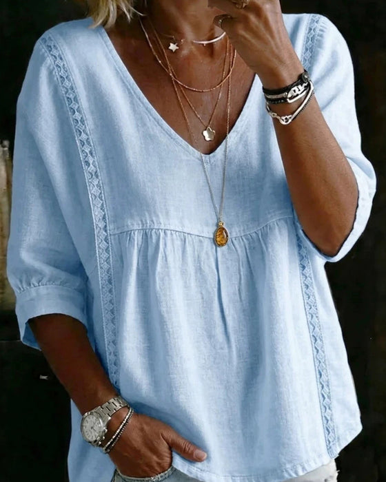 Blouse Ruffle Rand V-Hals Ellebooglange Mouw
