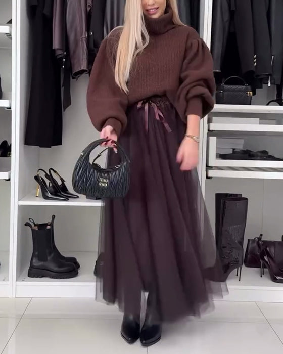 Casual effen mesh geplooide rok met veter
