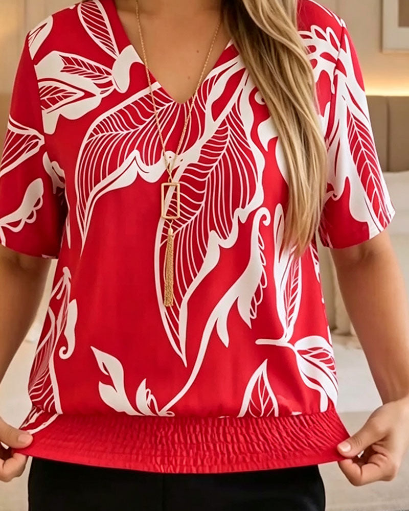Blouse Bloemenprint Elastische Zoom Korte Mouw