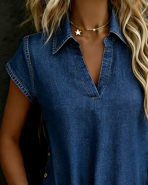 Blouses V-Hals Korte Mouw Denim Knoop