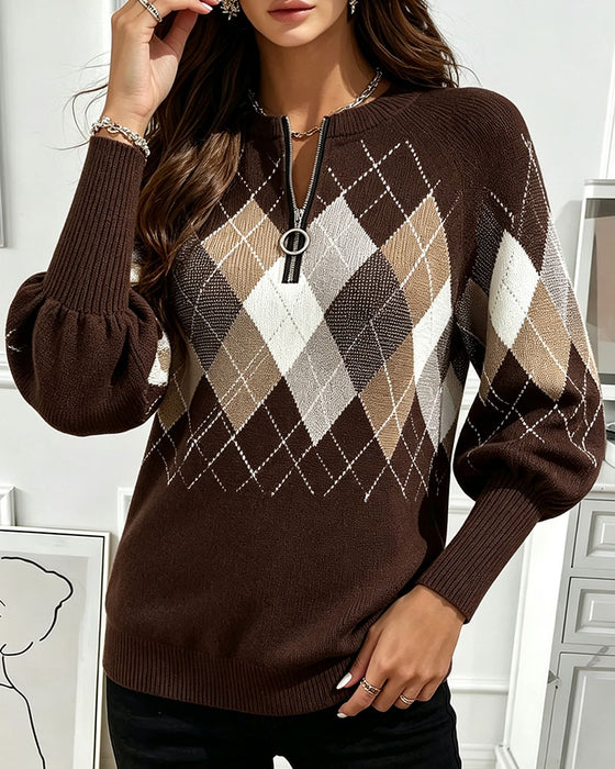 Pullover Ruitpatroon Jacquard Half-Zip Lantaarnmouw