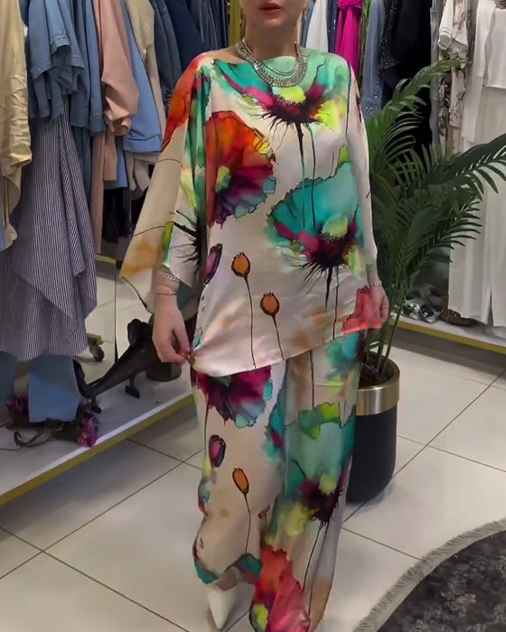 Set met driekwart mouwen met lotusprint en één schouder