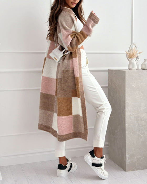 Casual contrast geruite losse cardigan met zak