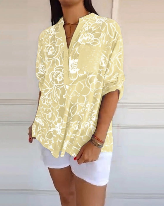 Blouse V-hals Met Knopen Bedrukt