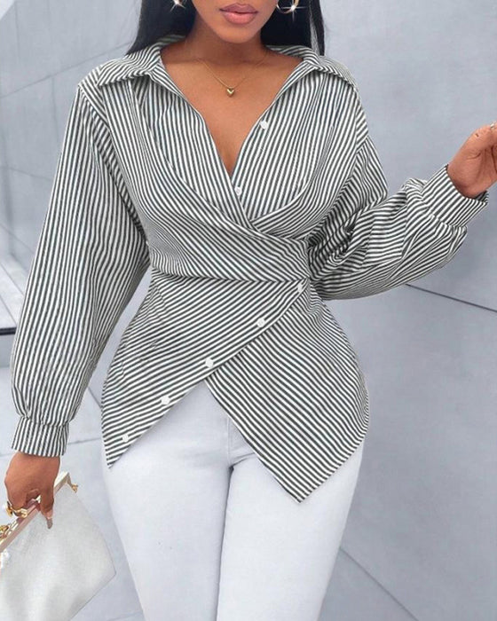 Blouse Streep Stropdas Lange Mouw