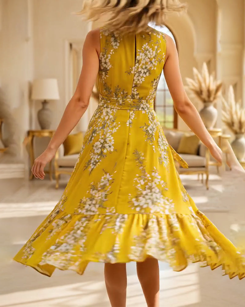 Jurk Mock Neck Mouwloos Getailleerd Bloemen
