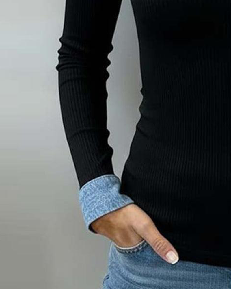 Top Contrastkleur Klep V-hals Lange Mouw
