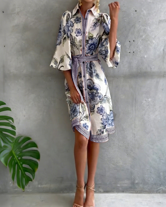 Jurk Frans Lantaarn Mouw Reverskraag Bedrukt