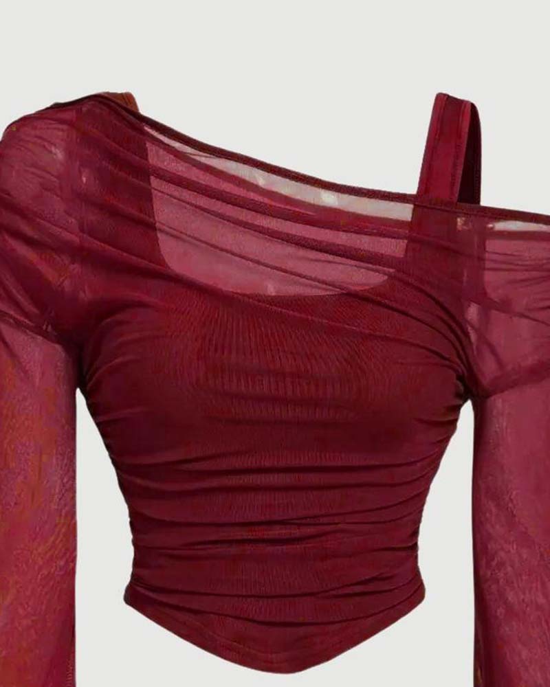 Blouse Gaas Geruwd Lange Mouw Cami