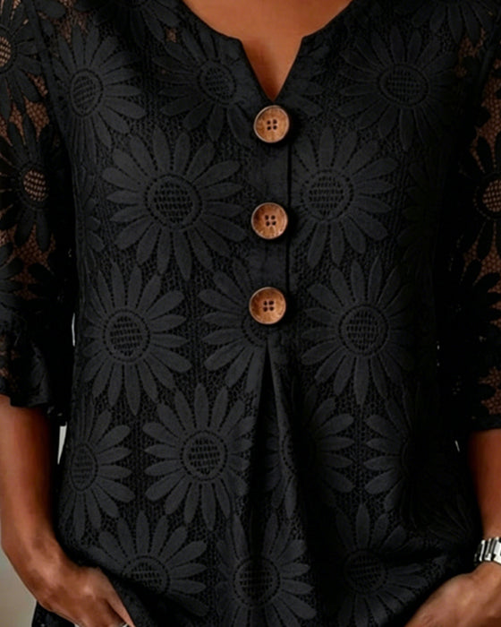 Blouse Met Gerimpeld Madeliefjespatroon En Pofmouwen