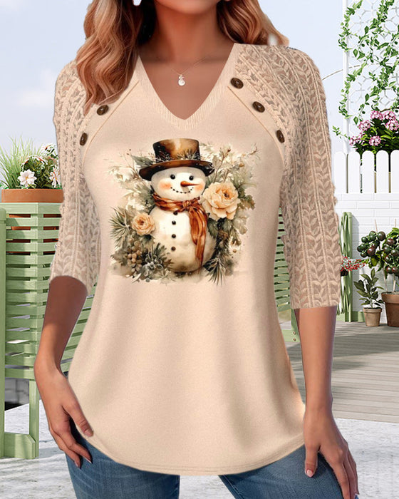 Casual top met V-hals en sneeuwpop print